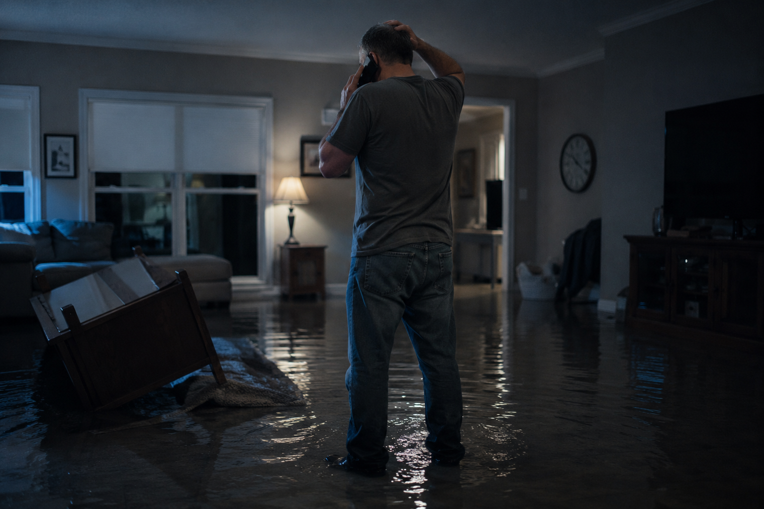 Homeowner standing in a flooded living room at night, calling for help