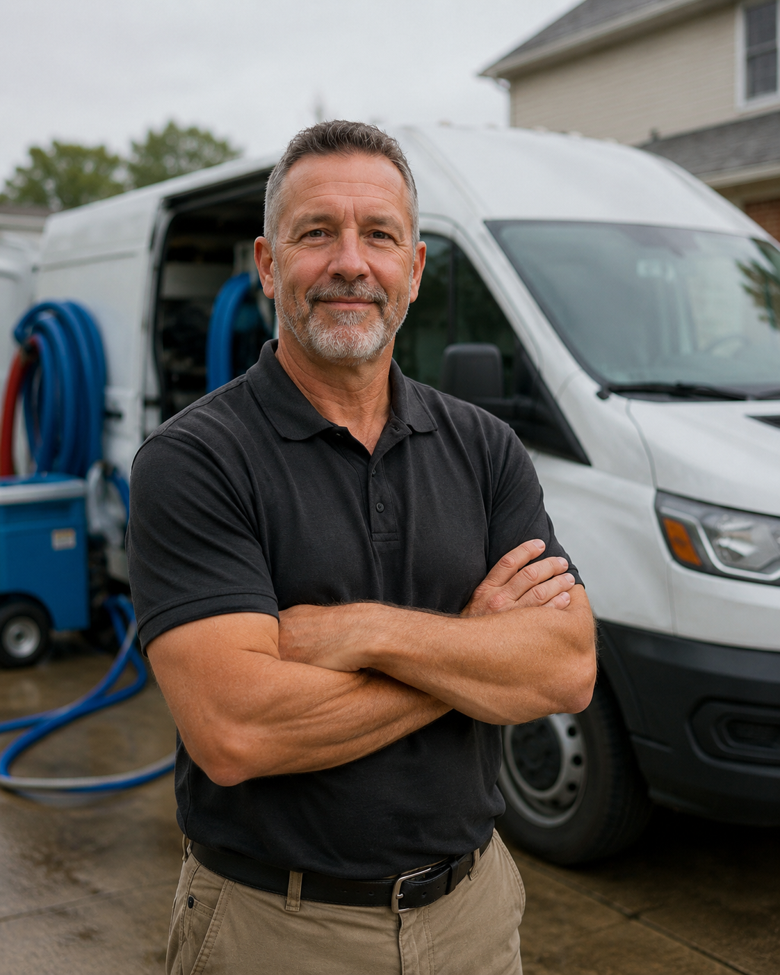 Restoration company owner standing in front of his work van